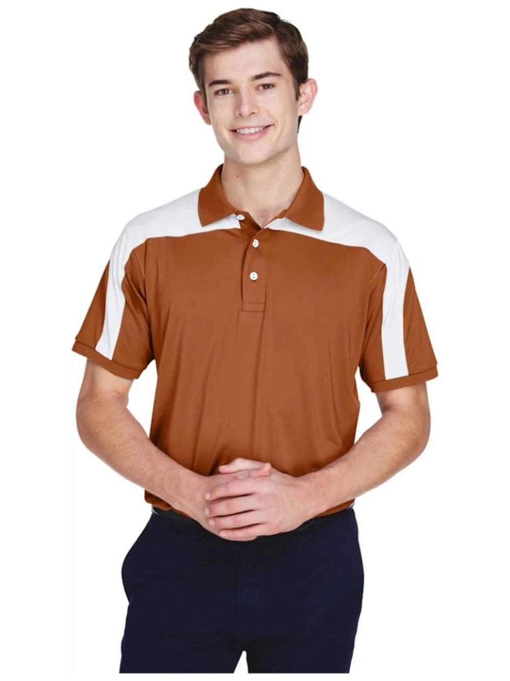 Team 365 Men’s Victor Performance Golf Polo Burnt Orange White Colorblock